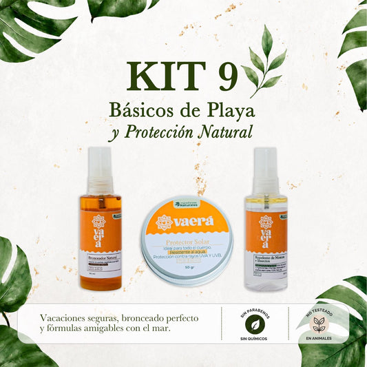 Kit 9 Básico de Playa: Protección Solar, Bronceado y Repelente Natural